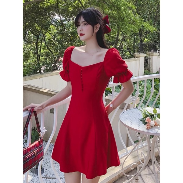 DRESS CNY GAUN PUFFY SABRINA IMPORT MERAH RED WANITA MX512