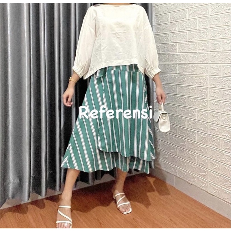 Green Stripes Asimetris Skirt Rok hijau ijo tosca sage garis- bottom culottes kulot pants Cotton Ink