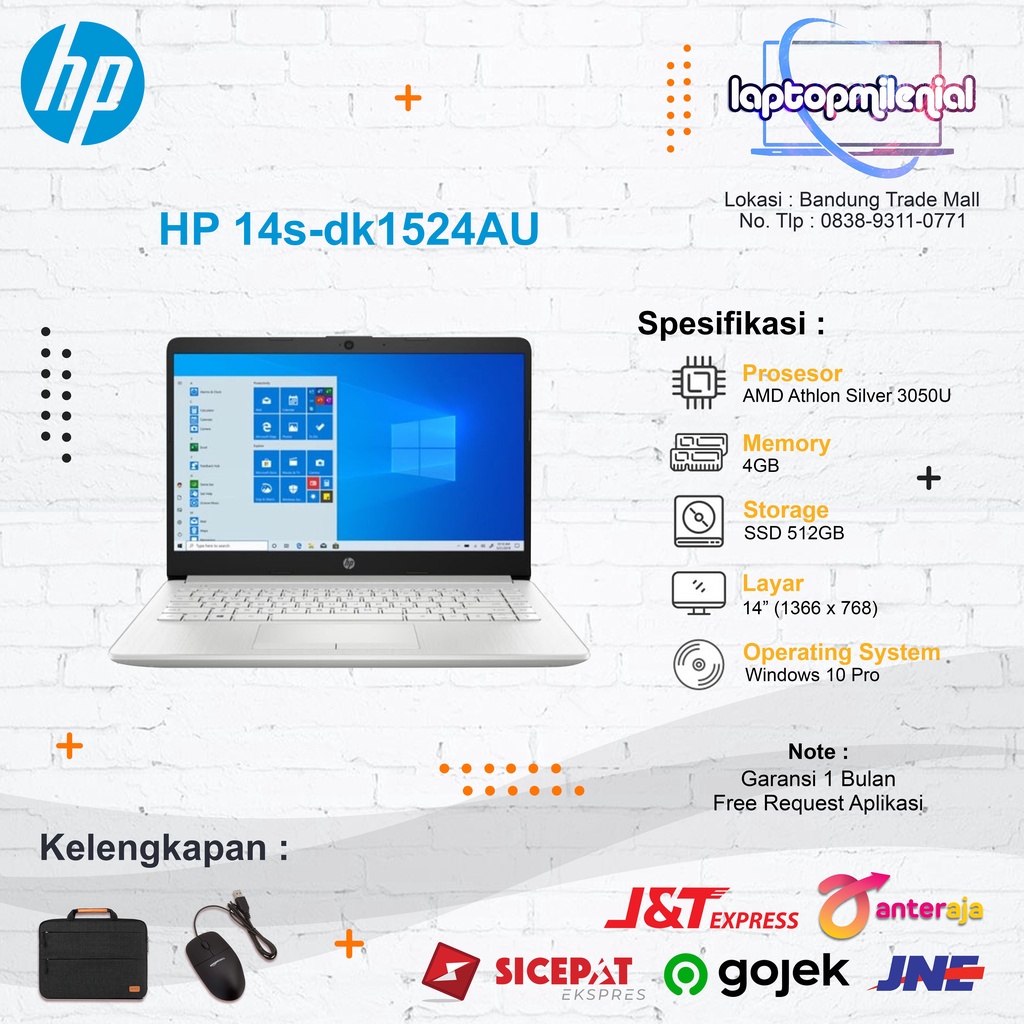 Laptop HP 14s-dk1524AU AMD Athlon Silver 3050U RAM 4GB SSD 512GB Garansi Resmi