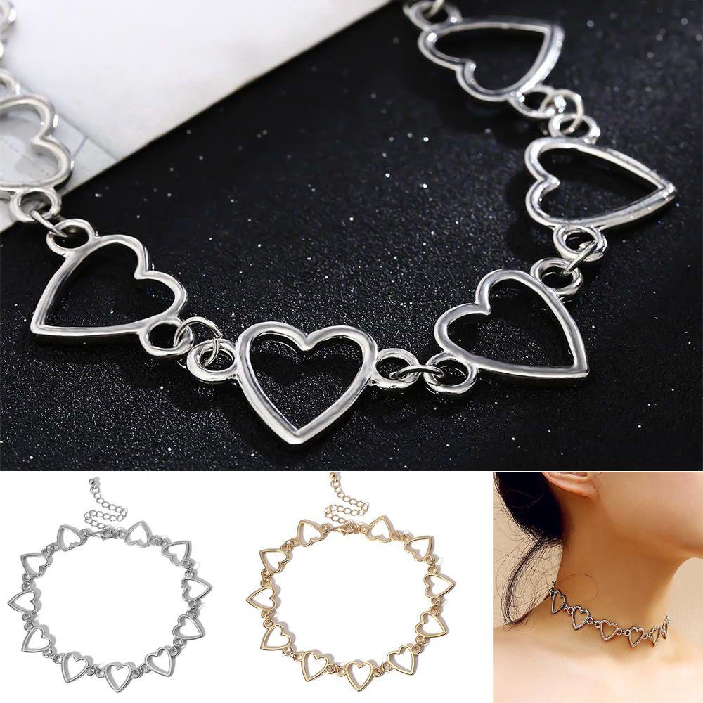 Kalung Choker Rantai Panjang Desain Hati Hollow Bahan Stainless Steel Gaya Punk Untuk Pria Dan Wanita