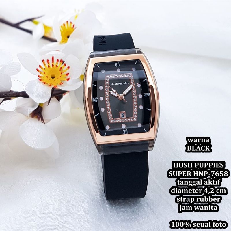 BS-Jam Tangan Wanita Hush Puppies Oval Strap Rubber Tanggal Aktif