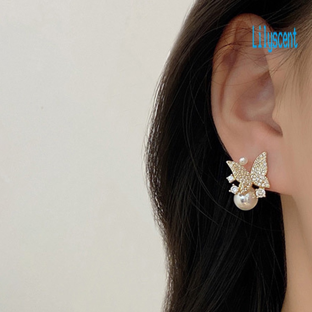 Ls 1 Pasang Anting Tusuk Wanita Desain Kupu-Kupu Hias Mutiara + Berlian Imitasi Gaya Korea Untuk Pernikahan