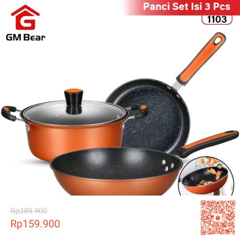 Gm Bear Marble Cookware Set 3 Pcs 1103 - Panci Set Marble Coating