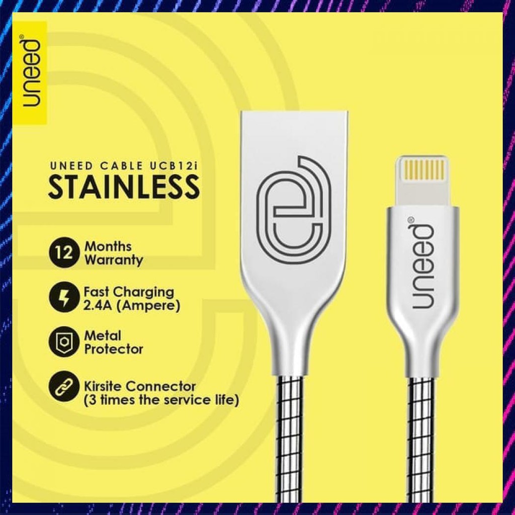 Uneed Kabel Lightning Stainless Steel Charge & Data Cable Iphone 5 6 7