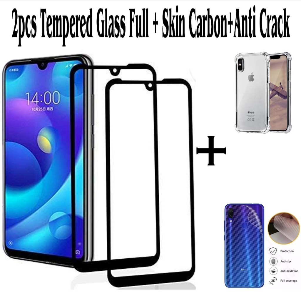 [PAKET PROMO] 2pcs Tempered Glass Full Samsung M20/A10/A20 + Anti Crack + Skin Carbon