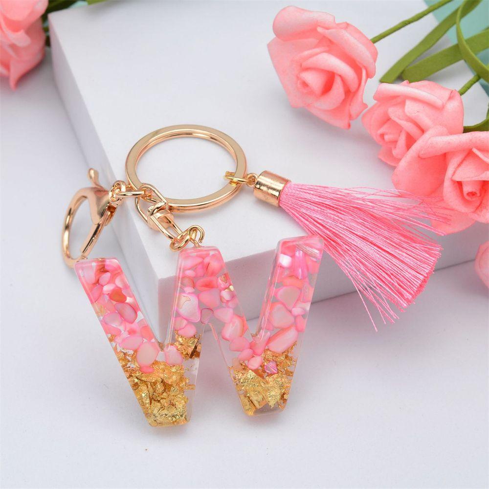 【 ELEGANT 】 26huruf Gantungan Kunci Lucu Fashion Merah Muda Jumbai Liontin Perhiasan Mobil Keyring Alphabet Key Chain