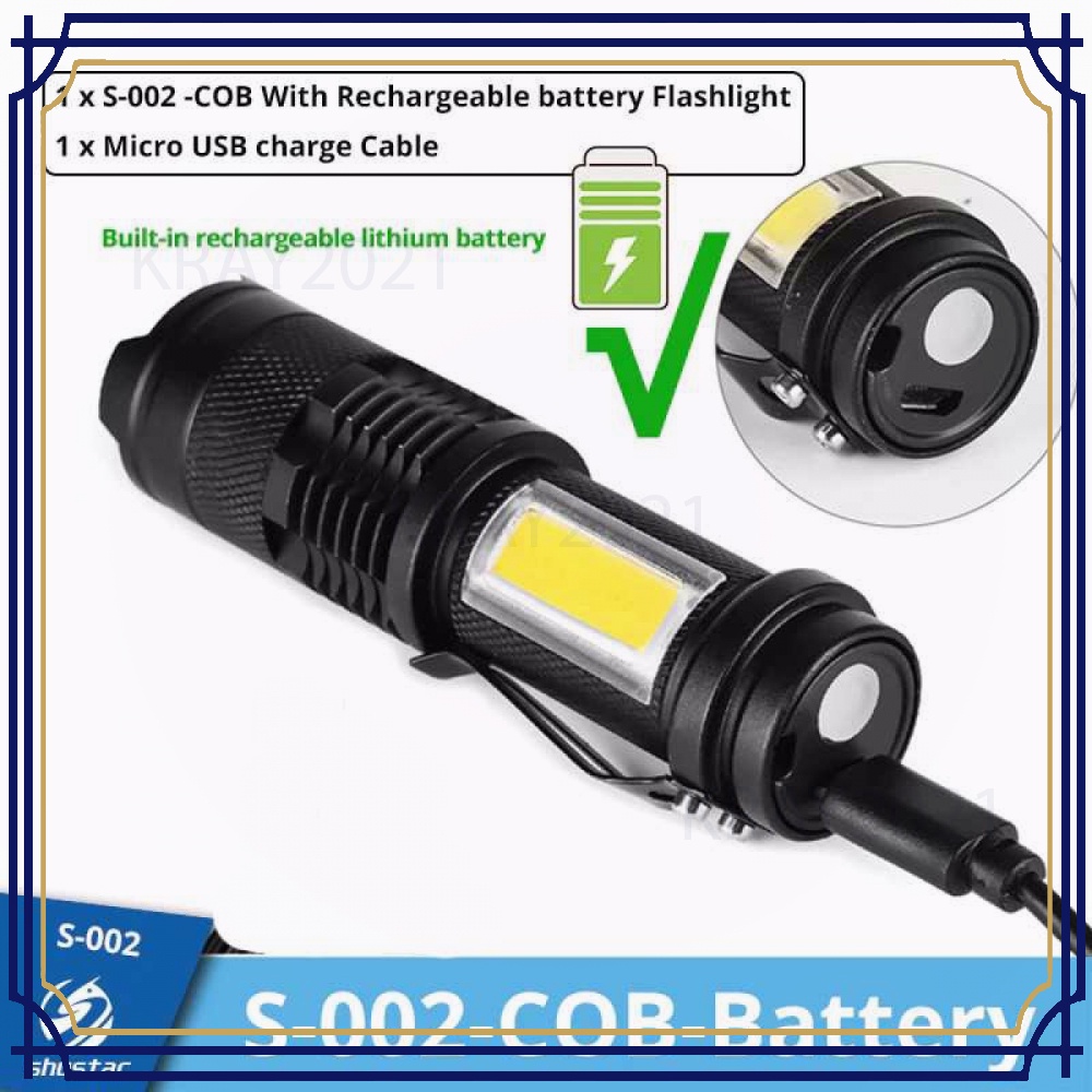 Senter LED Mini Flashlight USB Rechargerable XPE + COB - S-002