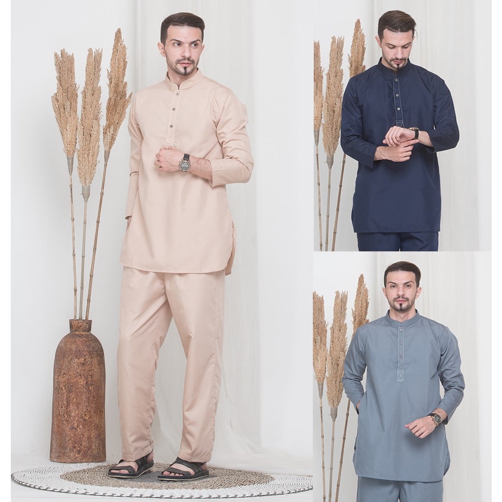 Baju Muslim Pria Koko Setelan Baju dan Celana Panjang Model Polos Terbaru Bahan Cotton Original Adem