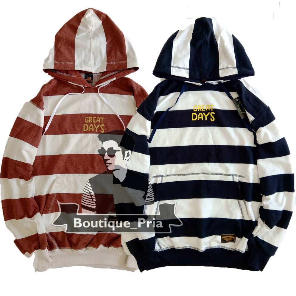 JAKET GREAT DAYS GOOD MORNING SALUR HOODIE CEWEK COWOK UNISEX WARNA HITAM COKLAT GARIS PUTIH