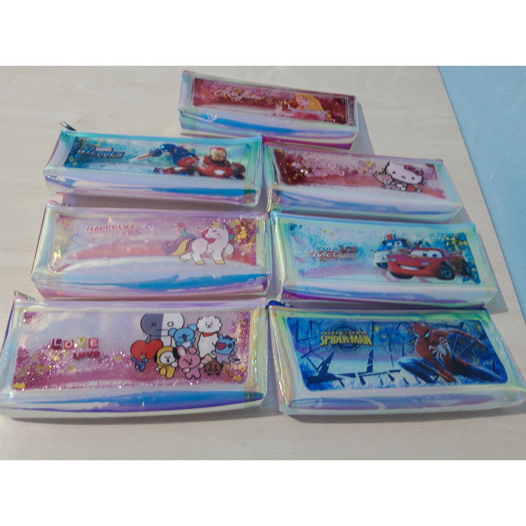Tempat Pensil Air Gliter + Manik Mcqueen Unicorn Spiderman Kitty Super Heroes BC 386 / 389 / 369