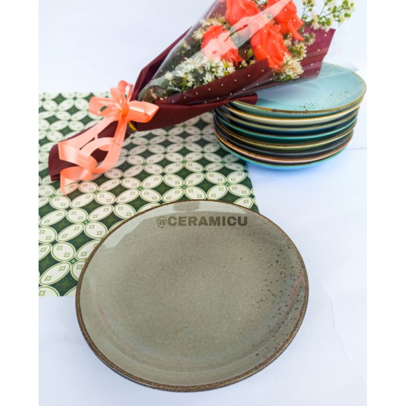 PIRING MAKAN KERAMIK MURAH / SALAD PLATE RUSTIC ukuran 21cm-GREY