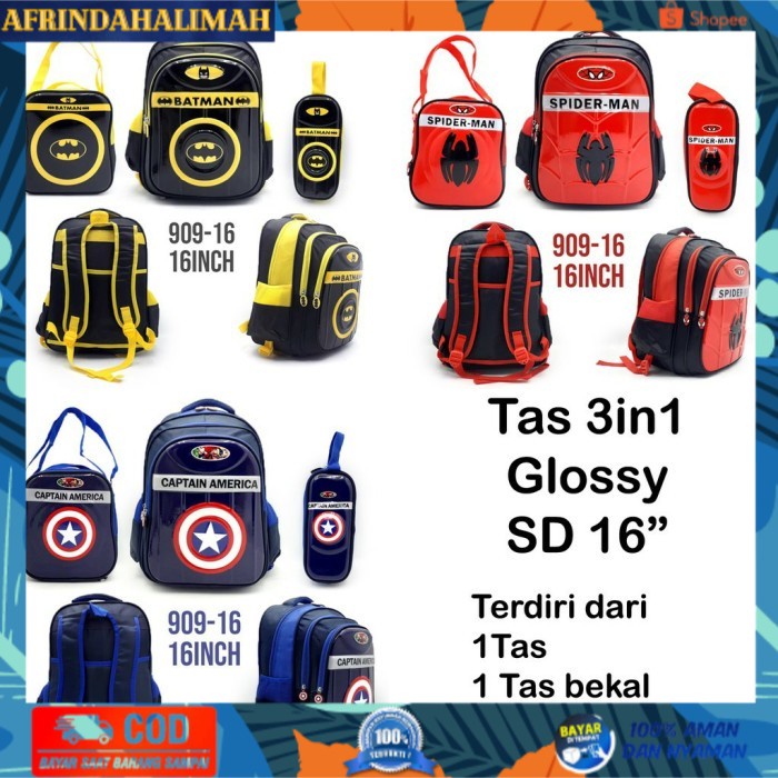 

{TERBARU} Tas SD Set Glossy Ransel Anak Sekolah 16" Cowok Tempat Pensil Bekal