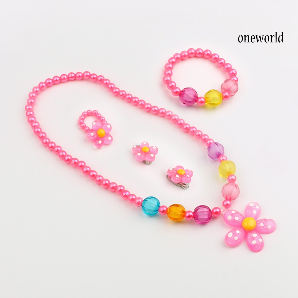 OW@ 5Pcs Handmade Flower Necklace Bracelet Ring Ear Studs Kids Girls Jewelry Set