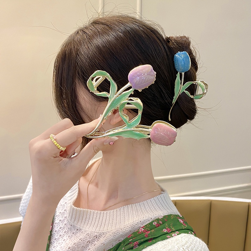 YEEZII Jepit Rambut Model Cakar Desain Bunga Tulip Ganda Anggrek Mawar Gaya Elegan Untuk Wanita