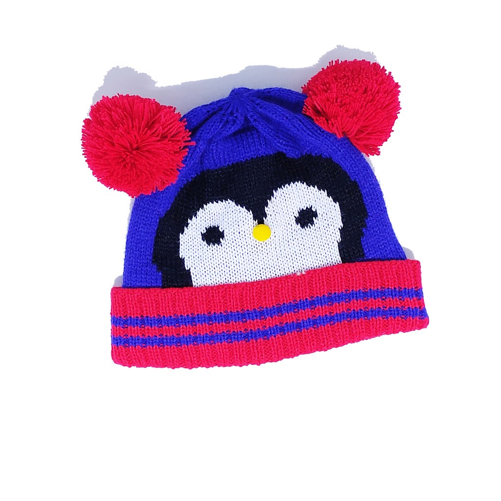 Kupluk Rajut Bayi / Anak Karakter Pinguin Model Pompom Usia 1-8 Tahun Laki Perempuan