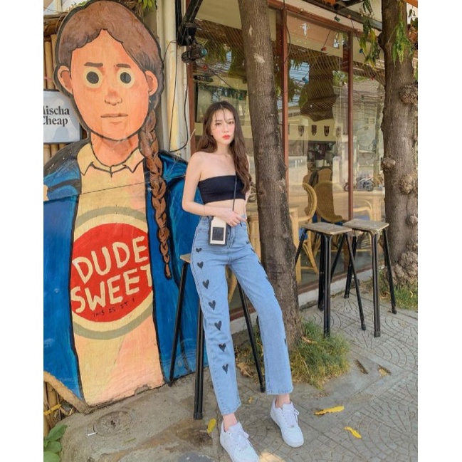 (27-30) LOVE BORDIR HW LOOSE JEANS / CELANA HW LOOSE KULOT JEANS WANITA CEWEK