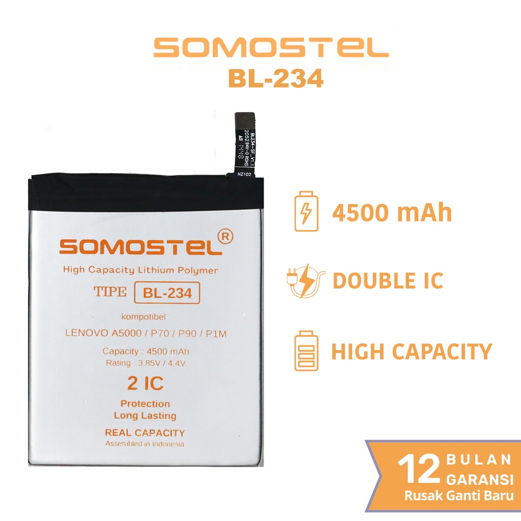 Somostel - BL234 Lenovo A5000 / P70 / P90 / P1M Batre Batrai Baterai