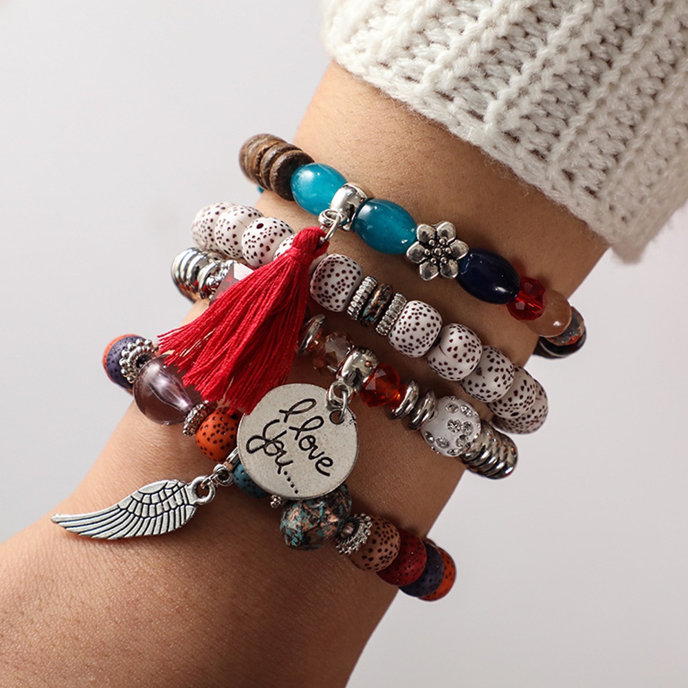 Hu Hu Hu Hu Hu Alat Bantu Pasang Kacamata♡ 4pcs / Set Liontin Manik-Manik Bunga Tulisan Aksen Rumbai Gaya Bohemian Untuk Wanita