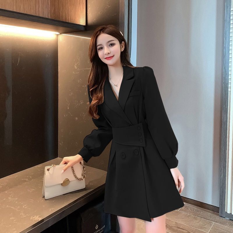 Suit collar long sleeve dress women's 2021 spring and autumn new small Korean design sense windbreak