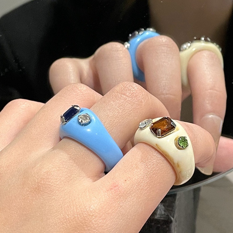 Perhiasan Cincin Kristal Berlian Imitasi Geometris Warna-Warni Gaya Korea Untuk Wanita