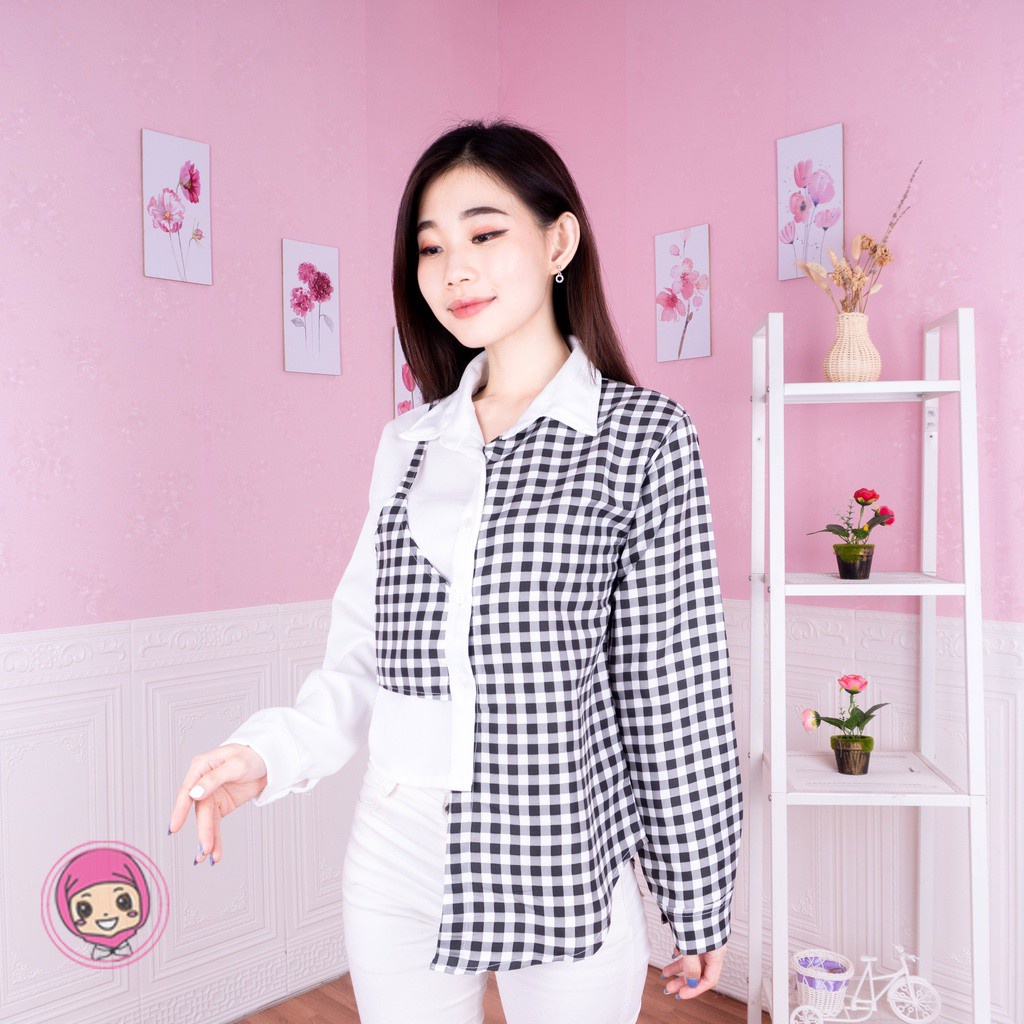 Terbaru Chess Playfull Assymetrical Blouse Top / Kemeja Wanita Chess Rubi Kotak Tartan