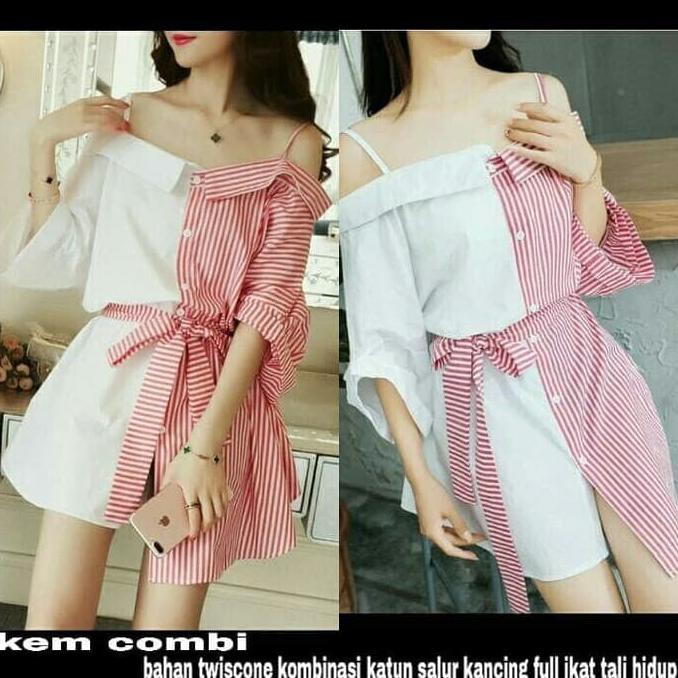 LONG Kemeja COMBI SALUR OD bahan twiscone kombinasi katun salur - Merah