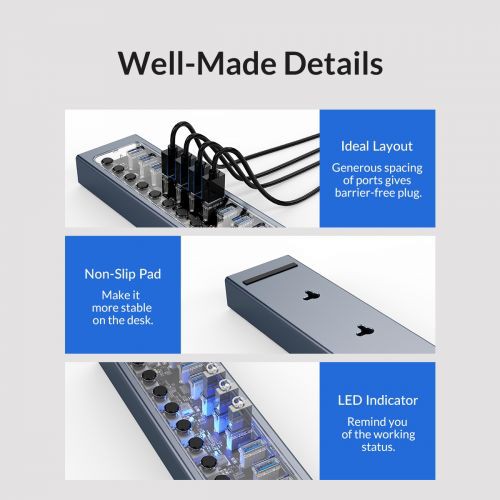 Usb 3.0 hub Orico 10 port on off switch 1m cable aluminum Adapter at2u3-10ab - Terminal usb3.0 10 slot saklar adaptor 100cm