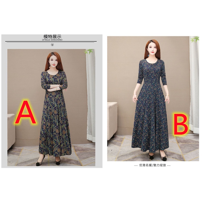 Real Foto M-4XL Gaun Maxi Wanita Lengan Panjang Elegan Slim Bunga Pleated Kasual Makan Malam Vintage Dress