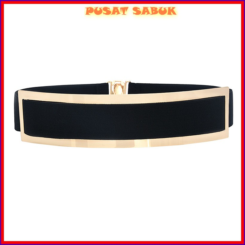 Belt Gesper Plat Sabuk GOLD Karet Obi Ikat Pinggang Elastis untuk Wanita Fashion Emas Hitam kekinian