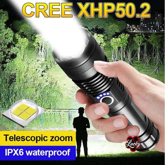 Senter XHP50 Zoom Flashlight Rechargeable LED 18650 or 26650 Battery