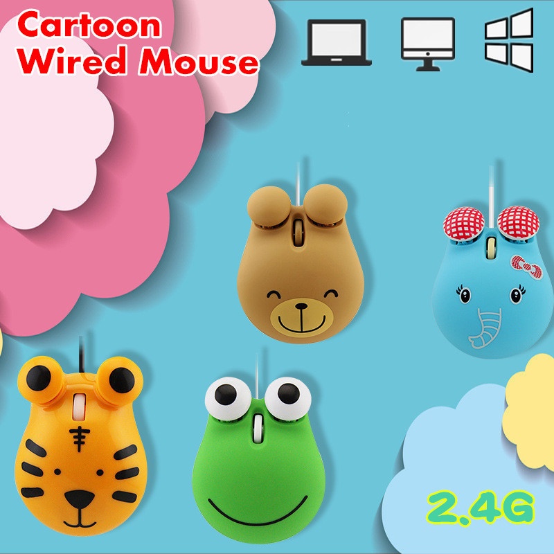 Mouse Optikal Kabel USB 1600 DPI 3D Motif Kartun Lucu Untuk PC / Laptop