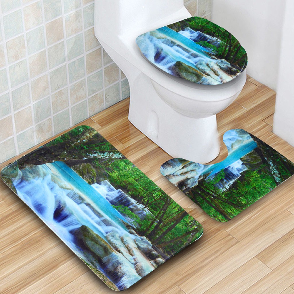 WEILONG 4Pcs Matras Penutup Toilet Desain Waterfall Natural 4D untuk Kamar  Mandi HOT SALE