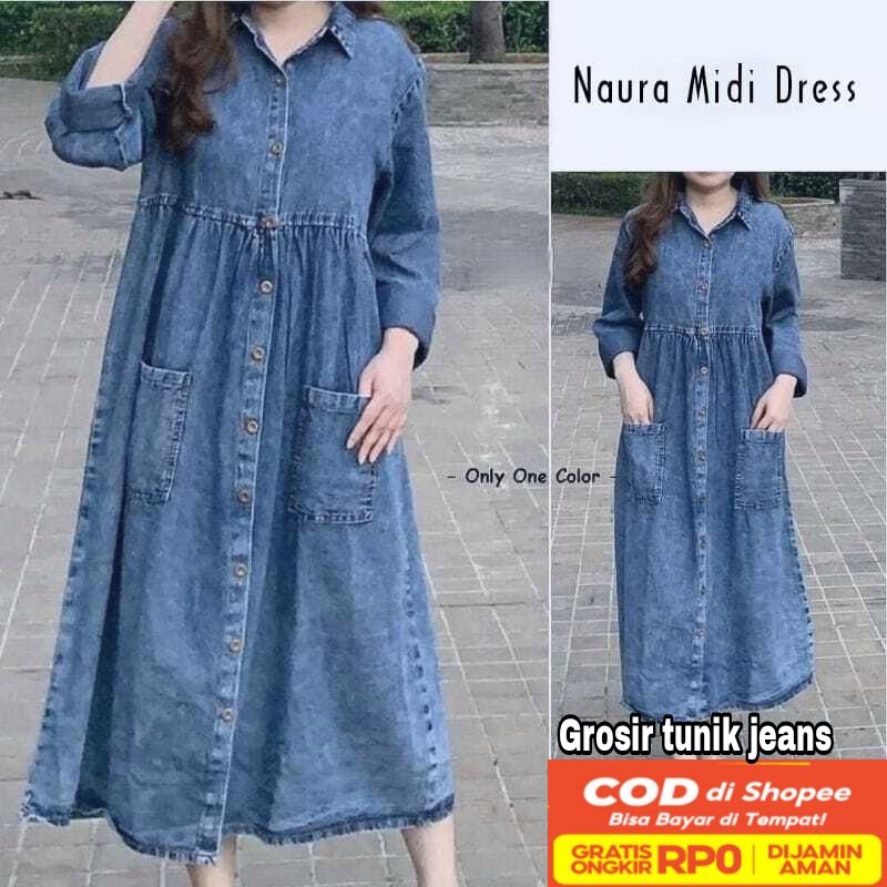 Naura Midi Dress Jeans Denim Ld 110 Terbaru/Dress Midi Jeans/Midi Dress Jeans Wanita Kekinian Busui