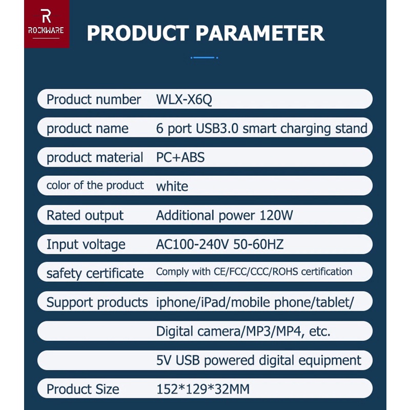 ROCKWARE WLX-X6Q - Charger 6 Port USB 3.0 (120W MAX)