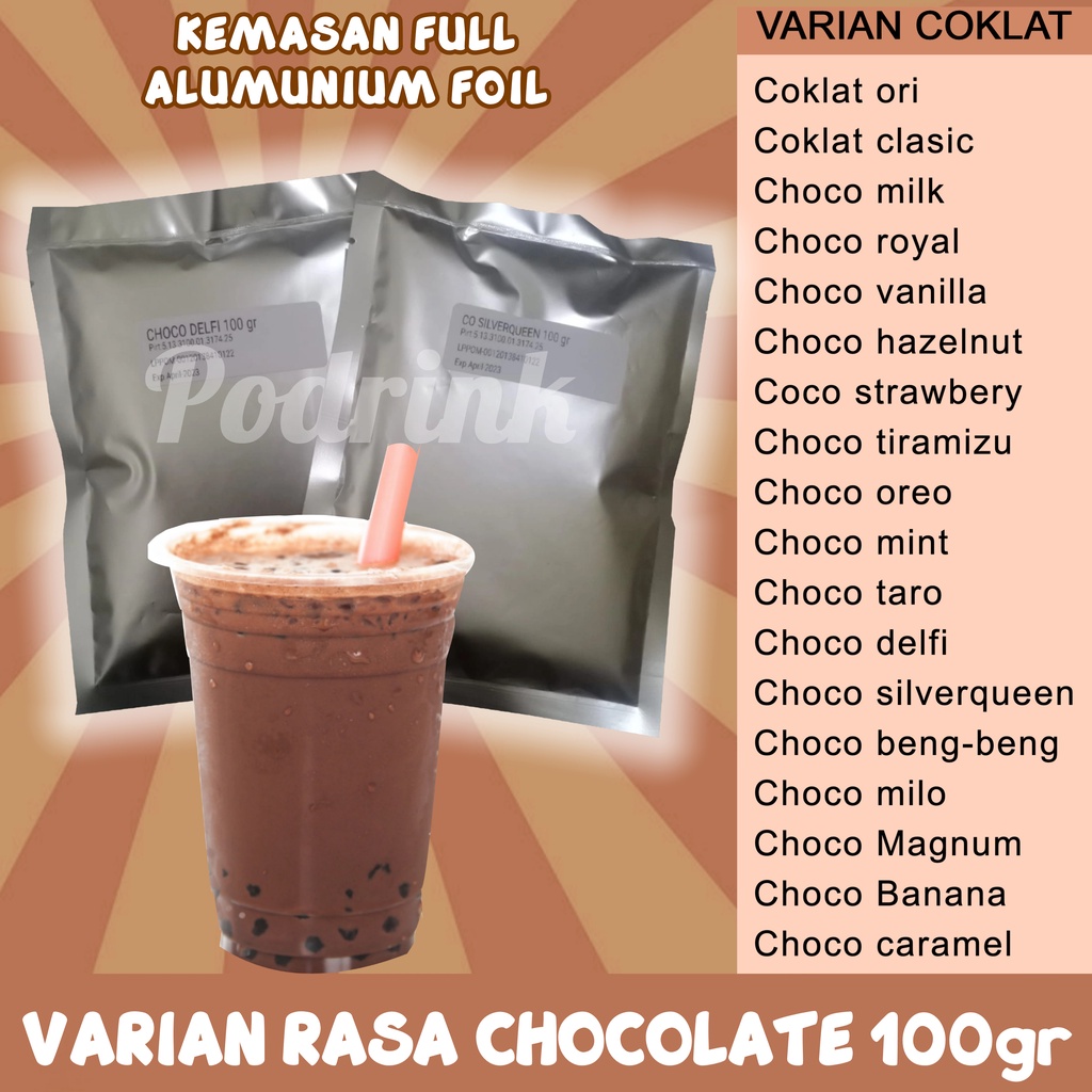 

Bubuk Minuman 100gr Murah Varian Coklat Untuk Boba, Esblend, Jellydrink dsb (mix gula)
