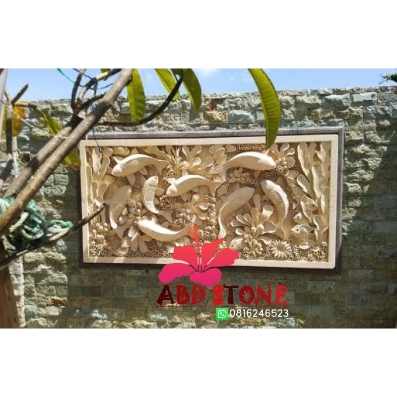 ikan koi relief batu alam tebal 8cm hiasan dinding pagar 100x200x8