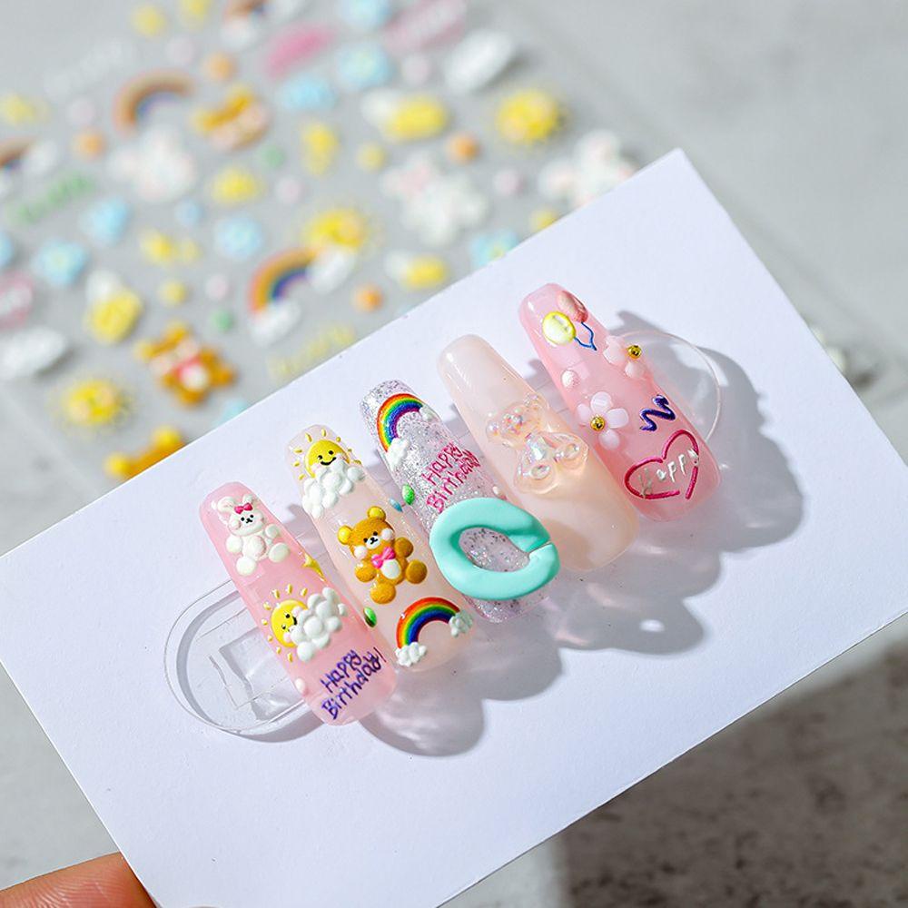 Needway   Kartun Stiker Kuku Wanita Fashion Kelinci Pelangi Bunga Perekat Diri Nail Art Dekorasi