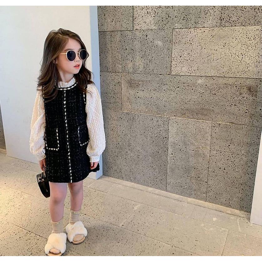 Dress Korea Anak Perempuan Warna Hitam Putih Dress Lengan Panjang Anak Baju Wool Anak 5 Tahun