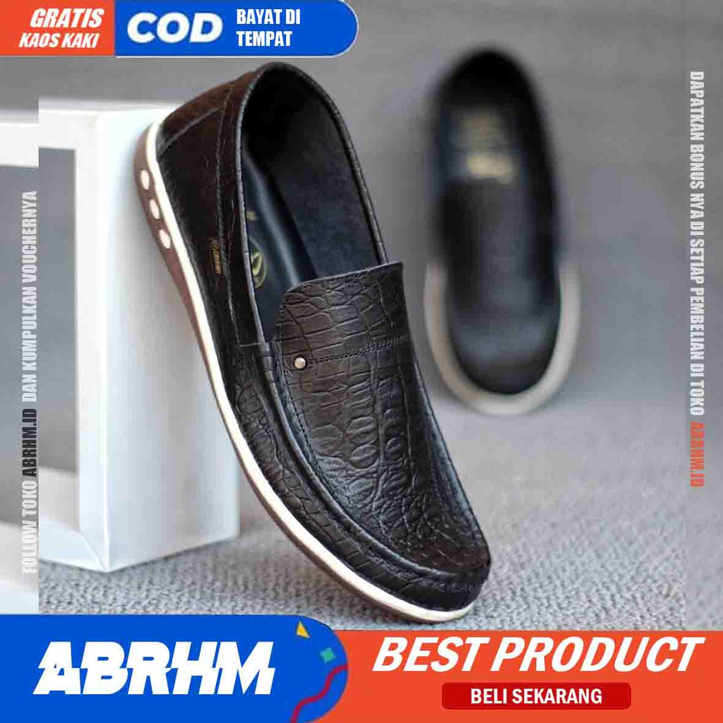 BRITANIC Sepatu Slip On Pria Kulit Asli Sepatu Pria Casual Pantofel Kulit Croco Sepatu Kasual Cowok / Cowo Kerja Kantor Kondangan Anti Slip Gaya Keren Kekinian