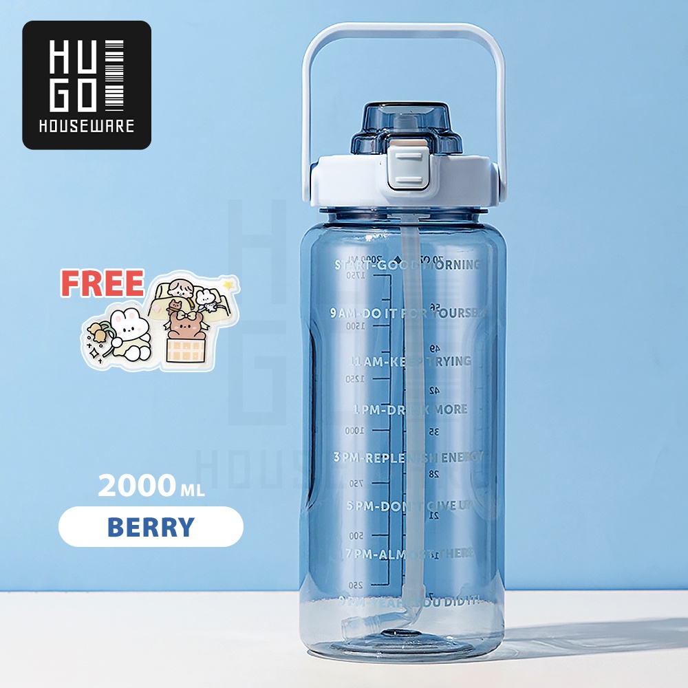 HUGO Botol Minum Motivasi 2 Liter Bening BPA FREE Gratis Stiker-Biru