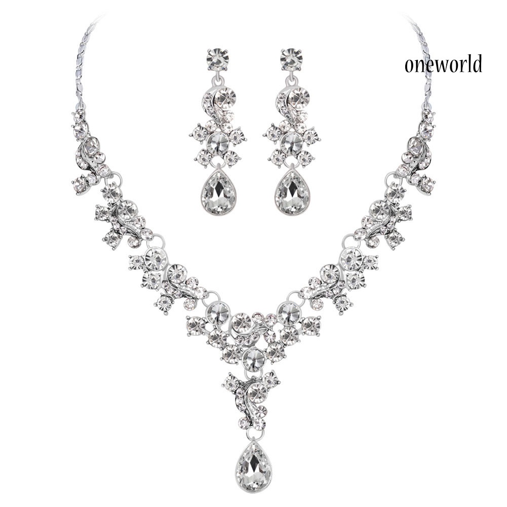 OW@ Luxury Women Rhinestone Flower Necklace Ear Stud Earrings Wedding Jewelry Set