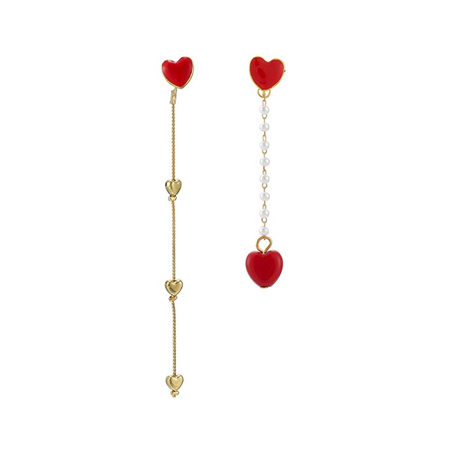 LRC Anting Tusuk Fashion Red Love Asymmetric Earrings D50745