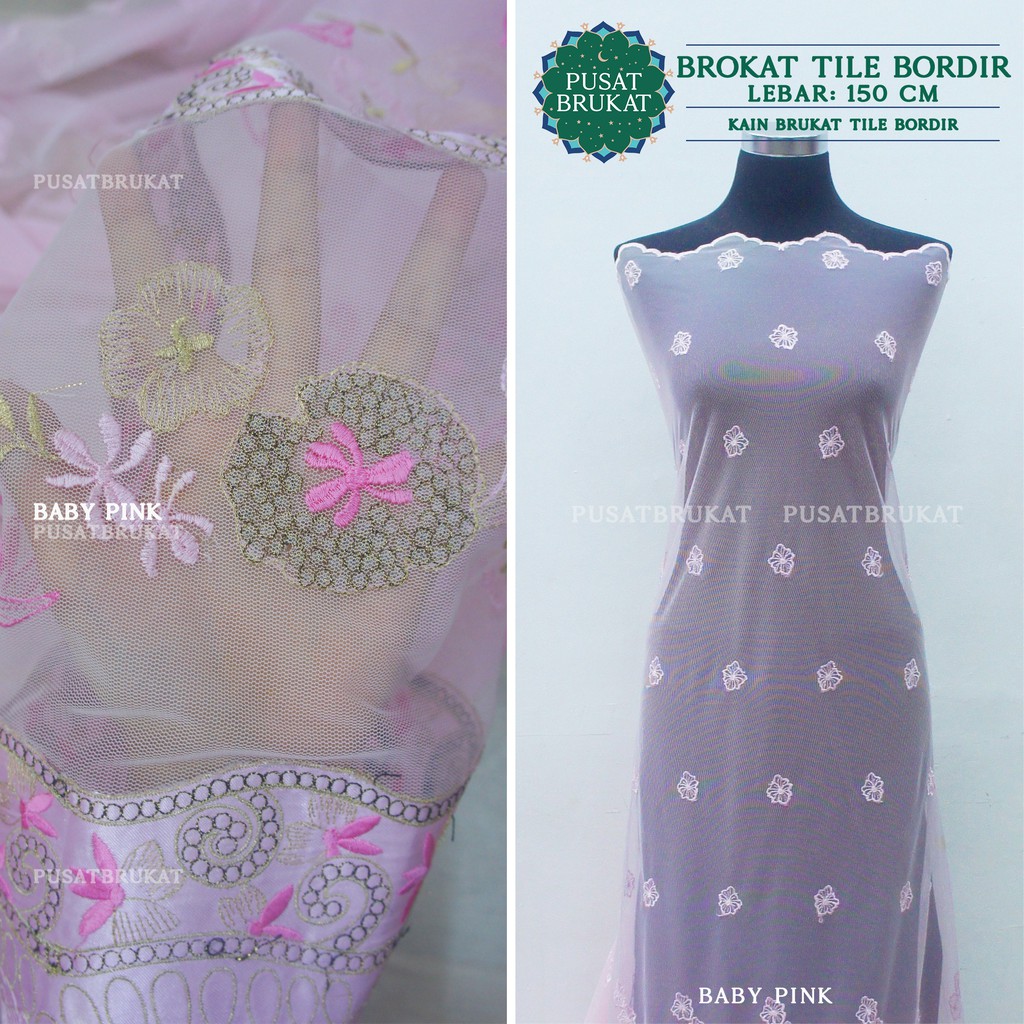 KAIN BRUKAT TILE BORDIR / BROKAT TULLE BORDIR BABY PINK, LEBAR 150CM [harga per 0.5m]