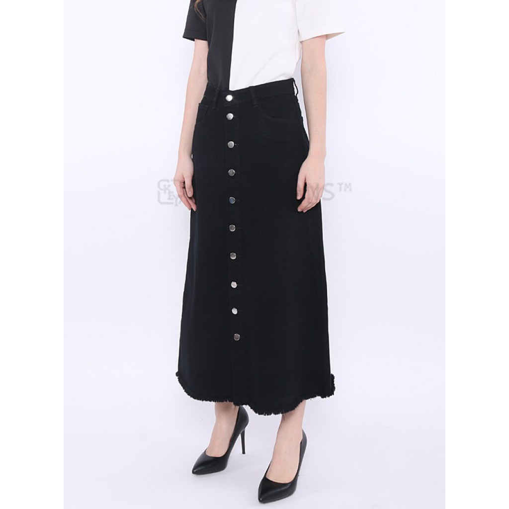 Rok Jeans Panjang Kancing Rumbai
