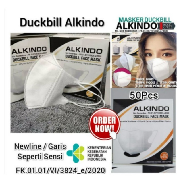 DUCKBILL GARIS ALKINDO ISI 50PCS/ MASKER 3D ALKINDO DISPOSABLE/ MASKER DUCKBILL DEWASA PUTIH/ MASKER DUCKBILL WARNA WARNI/ MIX COLOR DUCKBILL