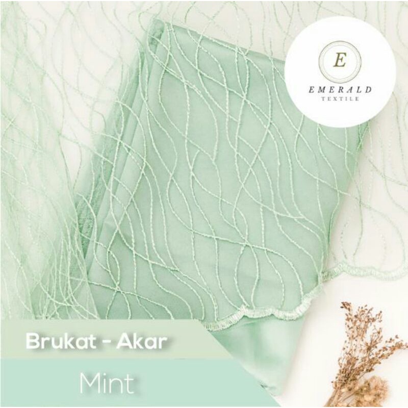 SETENGAH METER Kain Brokat Tile Prancis Bahan Kebaya Motif Akar - Mint ( HARGA PER 50cm KAIN )