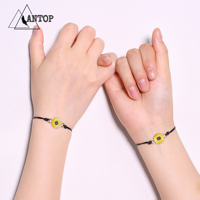 2 Pcs Gelang Magnet Couple Gelang Tali Etnik Persahabatan Anyaman Krisan Bunga Matahari Fashion Wanita Korea Pria Couple Bracelet Daisy Hitam ANTOP