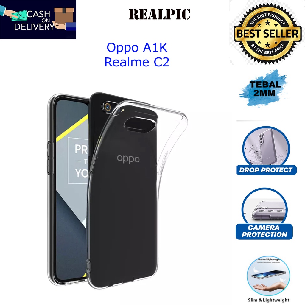 Case OPPO A1K / REALME C2 Casing Clear HD KETEBALAN 2MM BENING TRANSPARAN TPU Premium Softcase