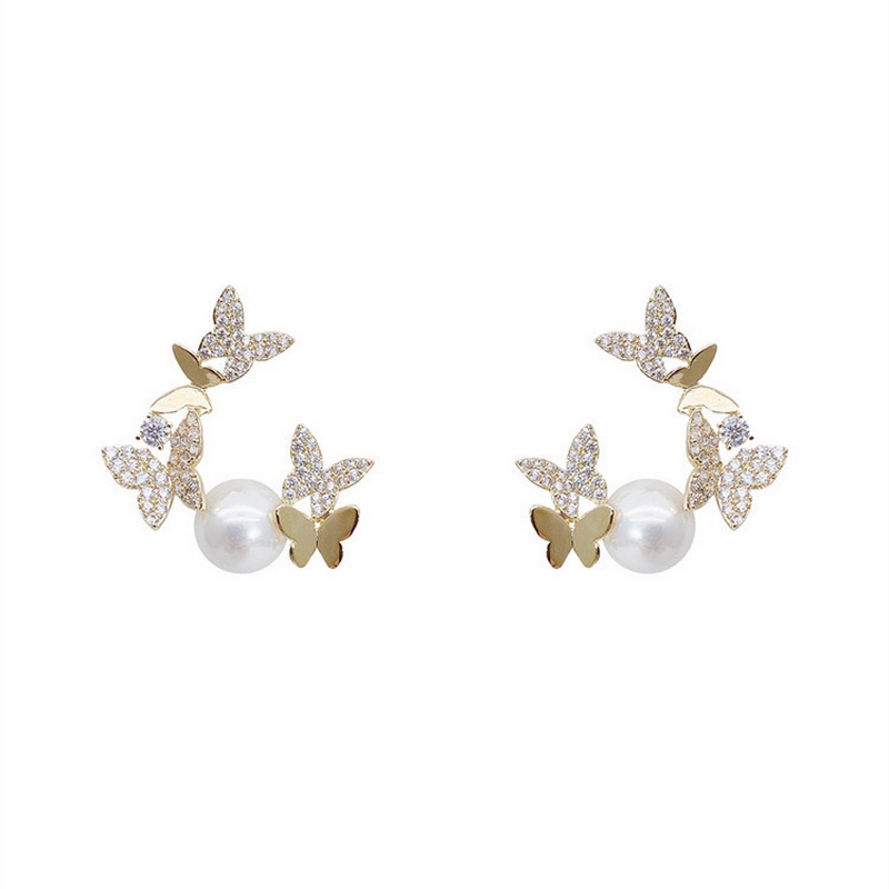 Anting Stud Desain Kupu-Kupu Aksen Mutiara Berlian Gaya Korea Untuk Wanita