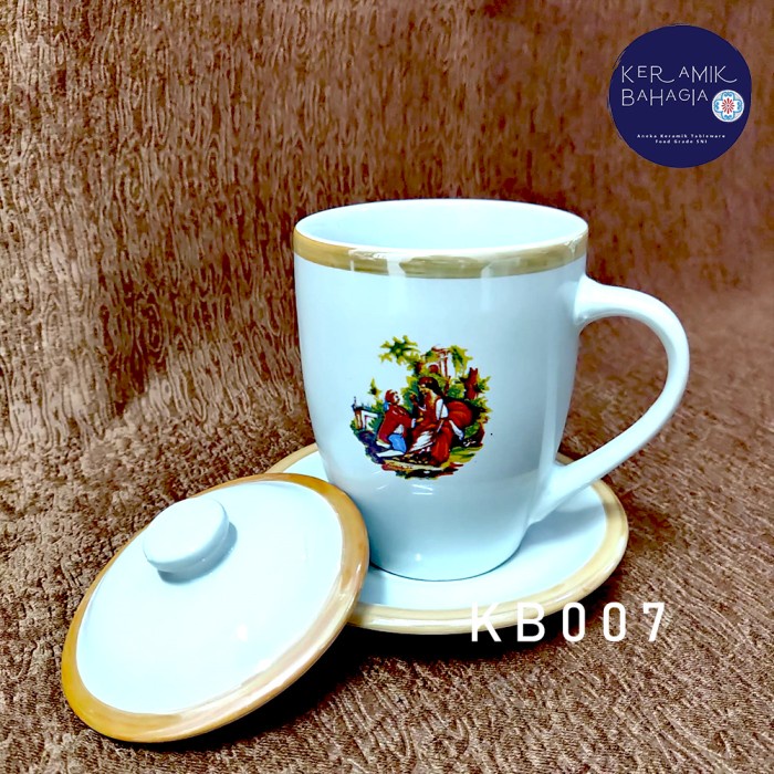 Mug Gagang / Gelas Keramik Couple Papa Mama + Tutup + Saucer / Tatakan